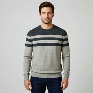 Britches Sweater Grey Beige Stripe Size Large Crewneck Pullover NEW